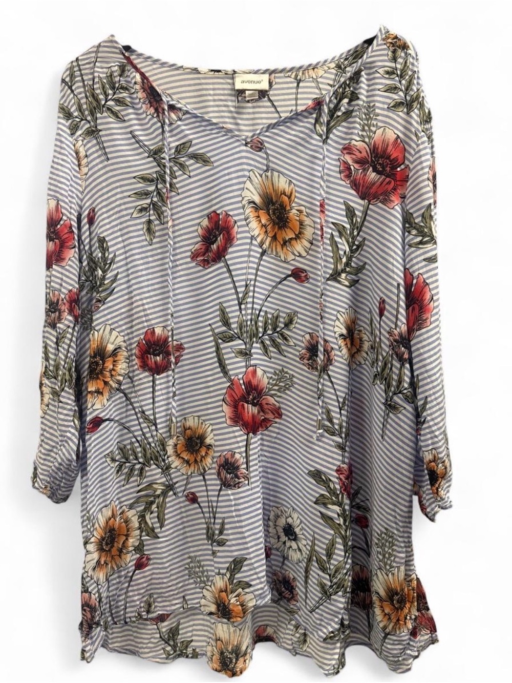 Avenue Striped Floral V-Neck Tunic in Gray with Red & Yellow Flowers